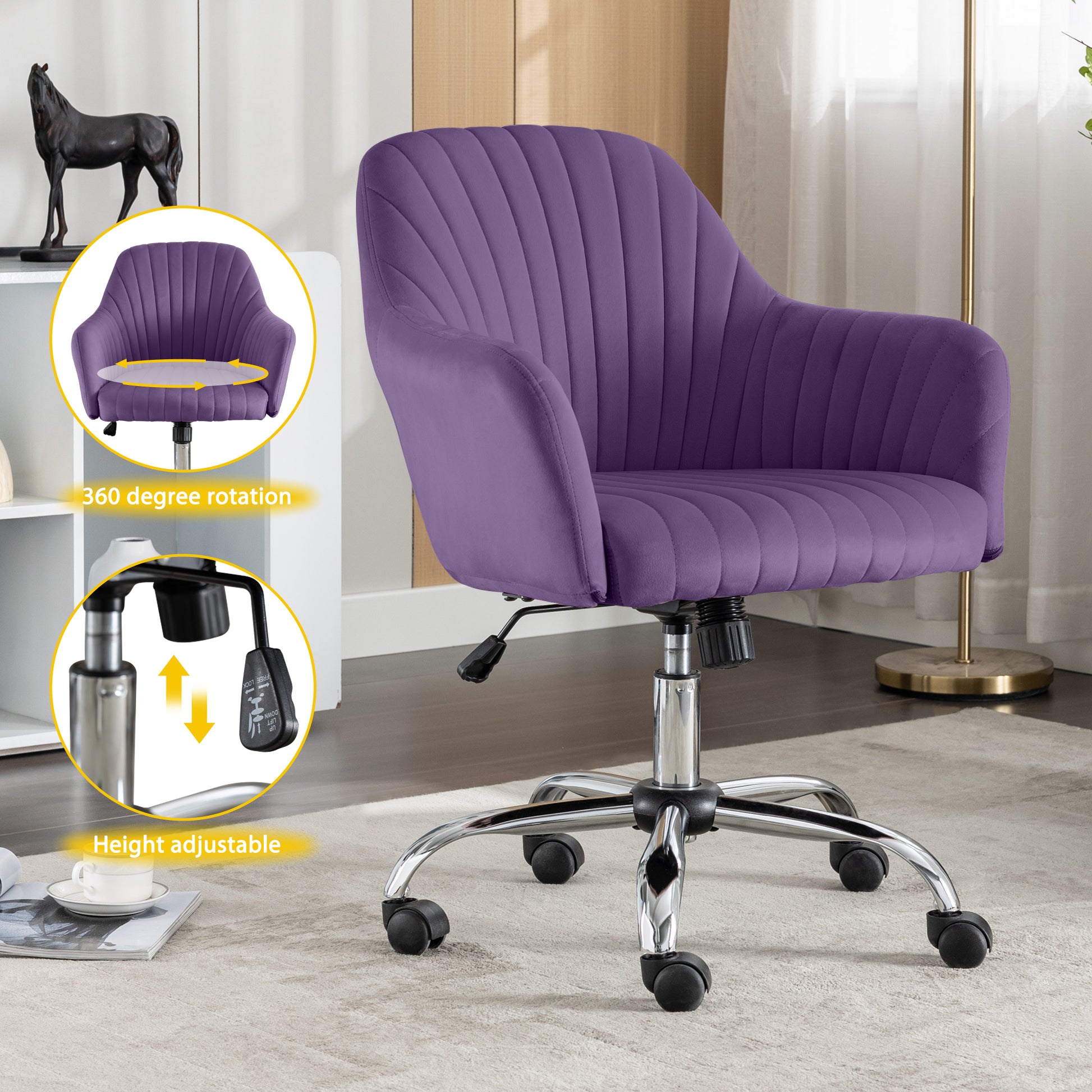 Accent Chair Modern Home Office Leisure Chair With Adjustable Velvet Height And Adjustable Casters Purpie Purple Cotton Velvet