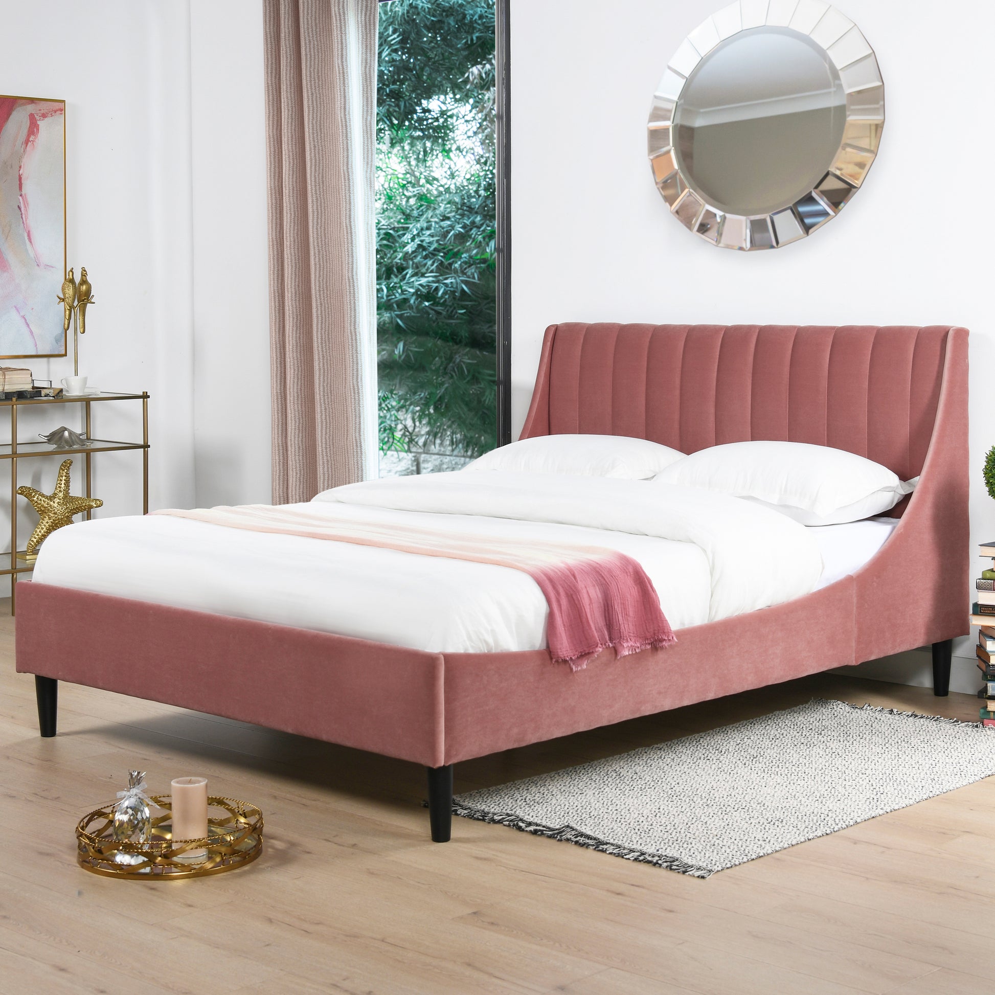 Aspen Vertical Tufted Headboard Platform Bed Set, Queen, Ash Rose Pink Velvet Box Spring Not Required Queen Pink Wood Foam Velvet Velvet