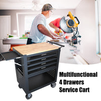 4 Drawers Multifunctional Tool Cart With Wheels And Wooden Top Black Black Metal