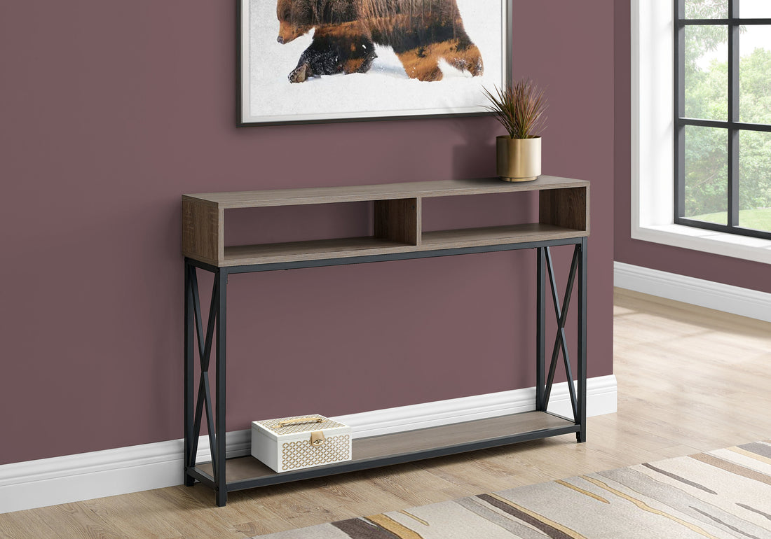 Accent Table, Console, Entryway, Narrow, Sofa, Living Room, Bedroom, Brown Laminate, Black Metal, Contemporary, Modern Taupe Metal