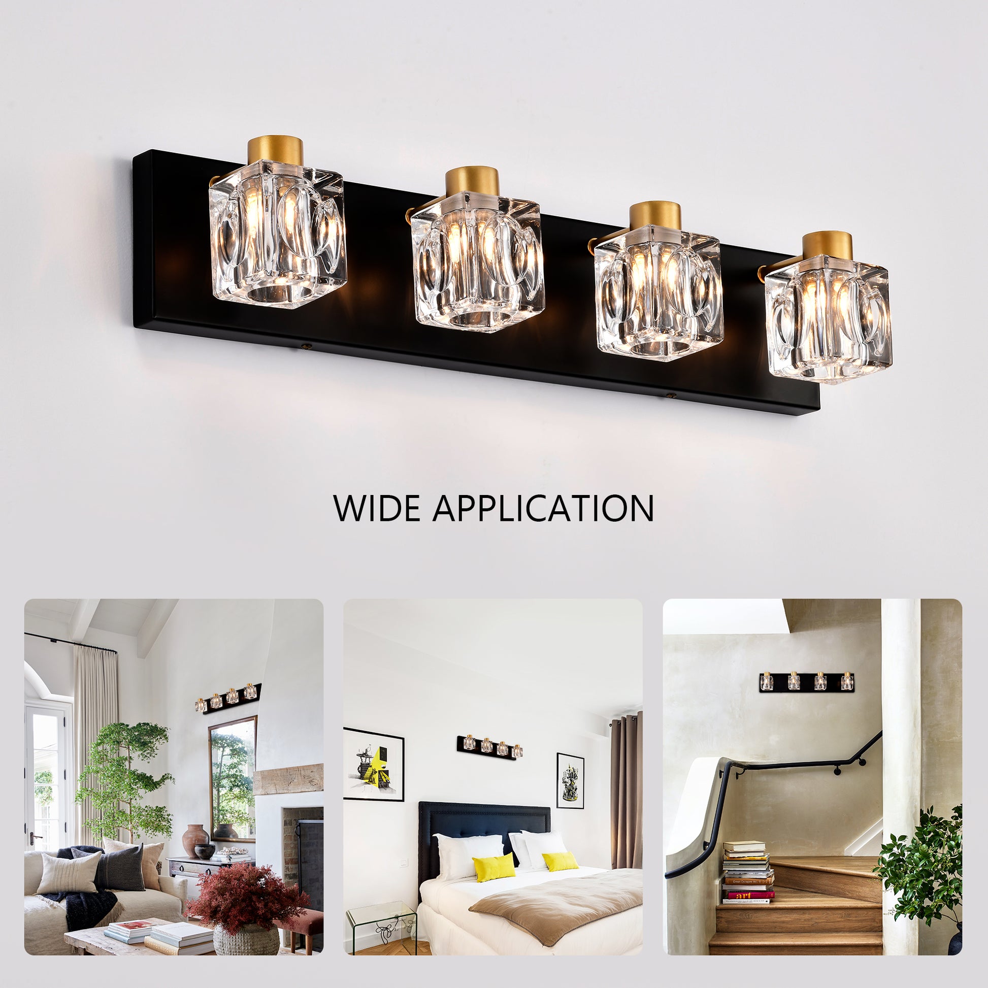 4 Light Matte Black Gold Bathroom Light Fixtures, Modern Vanity Lights With Crystal Glass Shade, Vintage Light Fixture Bathroom Over Mirror Wall Lights For Kitchen Dinning Room Bedroom Hallway Gold