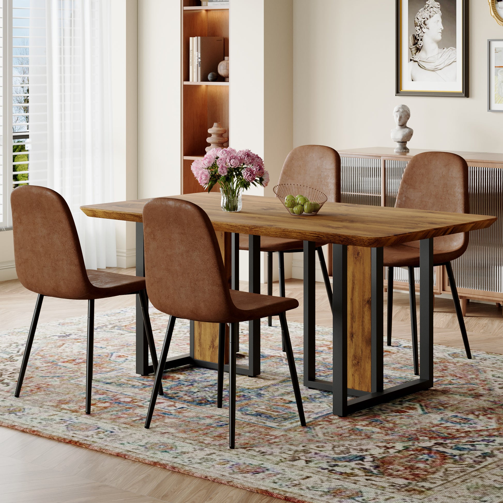 Table And Chair Set.67"X36" Wood Textured Mdf Dining Table Set With 4 Brown Suede Chairs.Mdf Sticker,Wood Colored Texture Sticker,Brown Armless Dining Chair,Suitable For Kitchen,Dining Room,Etc.