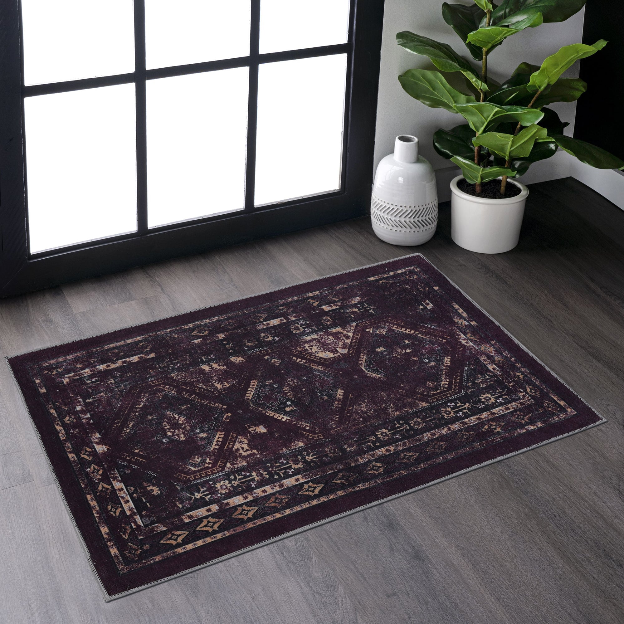 Naar 2X3 Machine Washable Area Rugs, Low Pile, Non Slip, Non Shedding, Foldable, Kid & Pet Friendly, Area Rugs For Living Room, Bedroom, Kitchen, Dining Room Rug Perfect Gifts, Black Burdy, 2X3 Black Burgundy Chenille Polyester