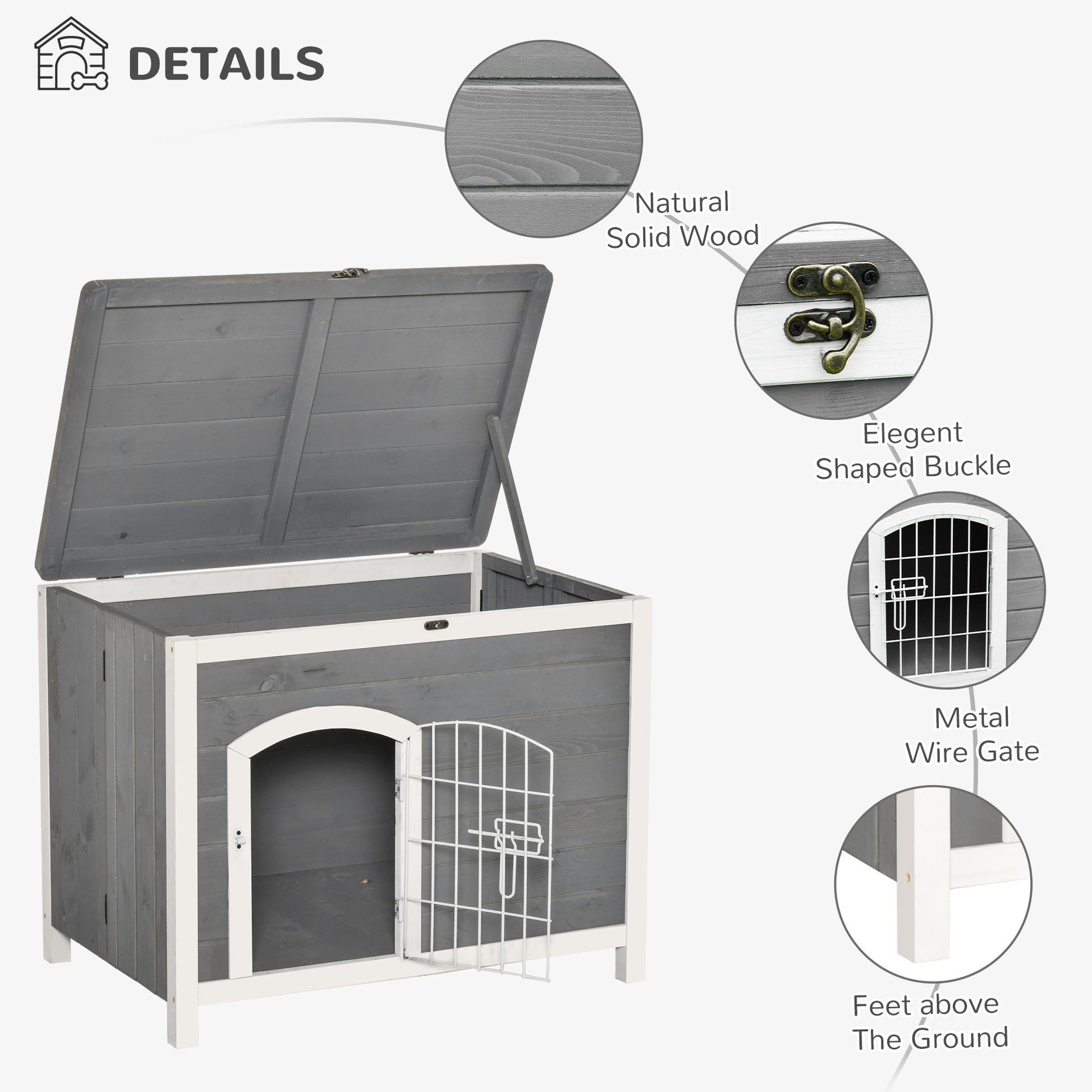 Pawhut Foldable Wooden Dog House Raised Puppy Cage Kennel Cat Shelter For Indoor & Outdoor W Lockable Door Openable Roof Removable Bottom For Small And Medium Pets Grey Grey Wood