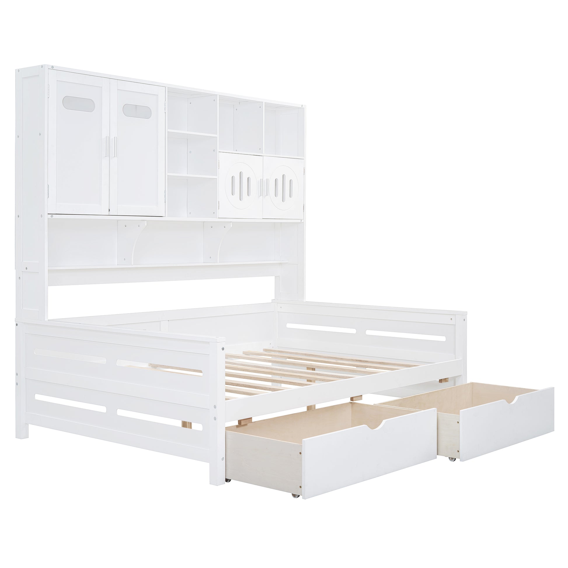 Full Size Wooden Daybed With 2 Drawers, And All In One Cabinet And Shelf, White Full White Wood