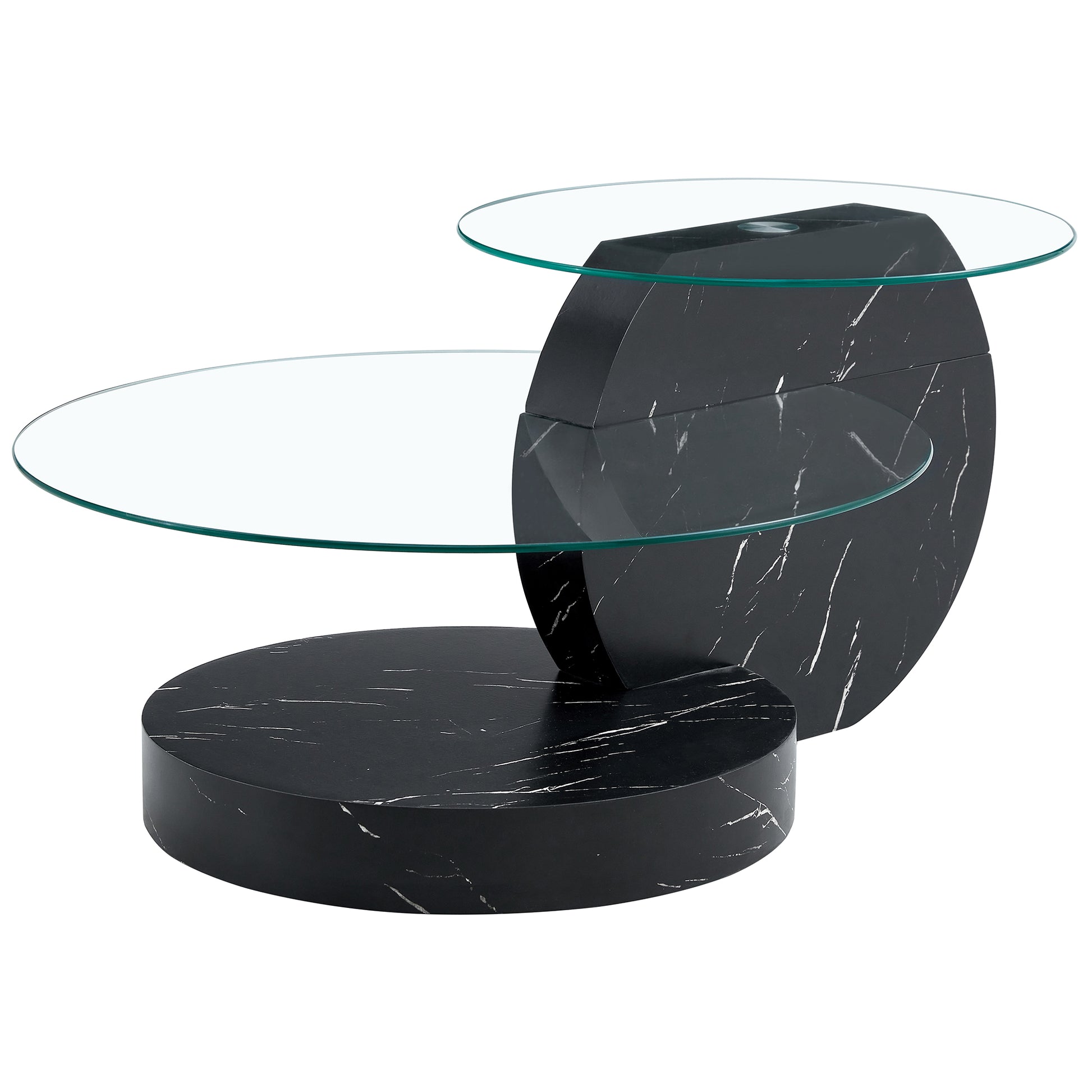 Modern And Practical Double Deck Round Table. Double Storage Space, Made Of Glass Tabletop And Mdf Table Legs. Suitable For Living Room And Bedroom And Dining Room. Black Mdf Glass