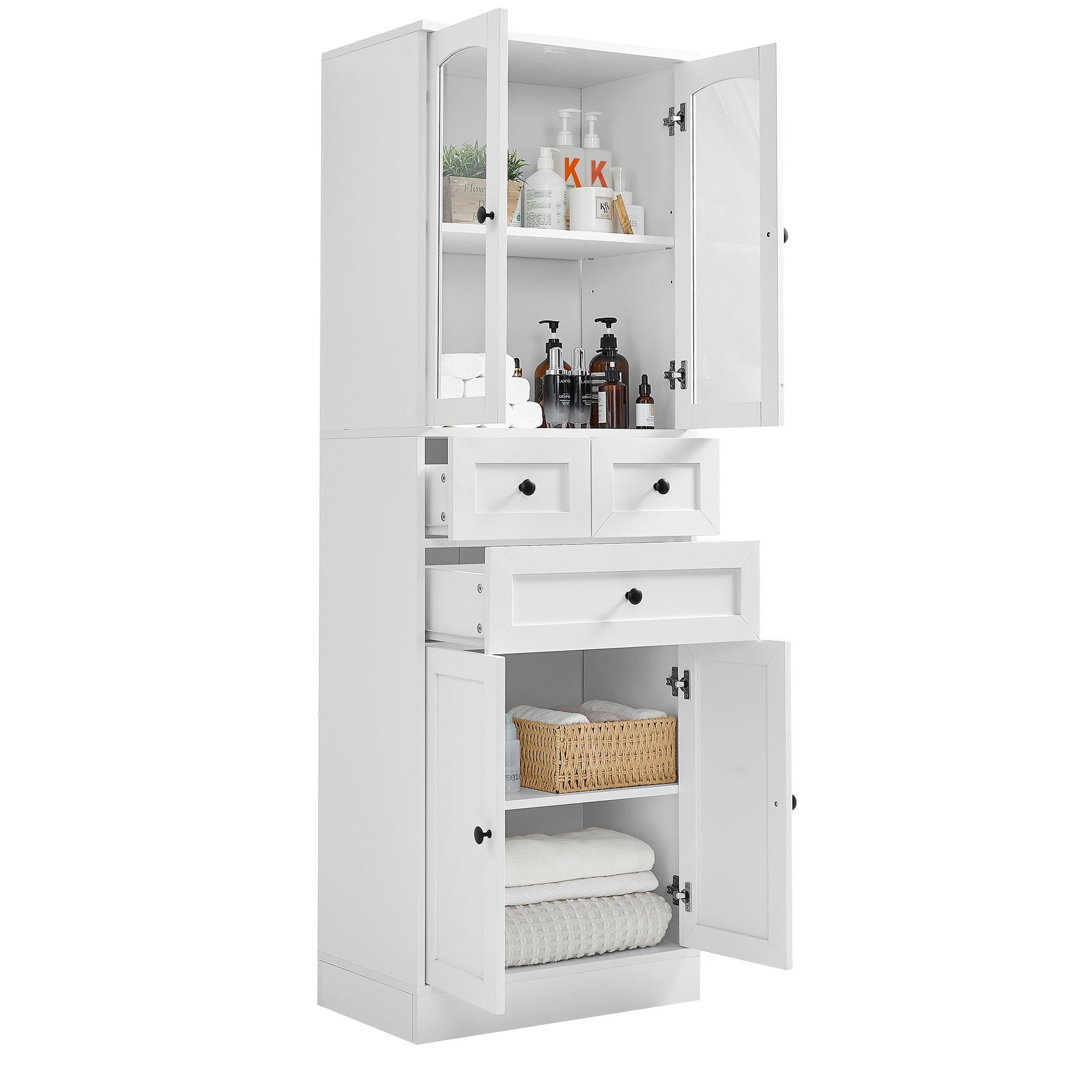 Tall Bathroom Storage Cabinet, Cabinet With Four Doors And Drawers, Adjustable Shelf, Mdf Board, White White Mdf