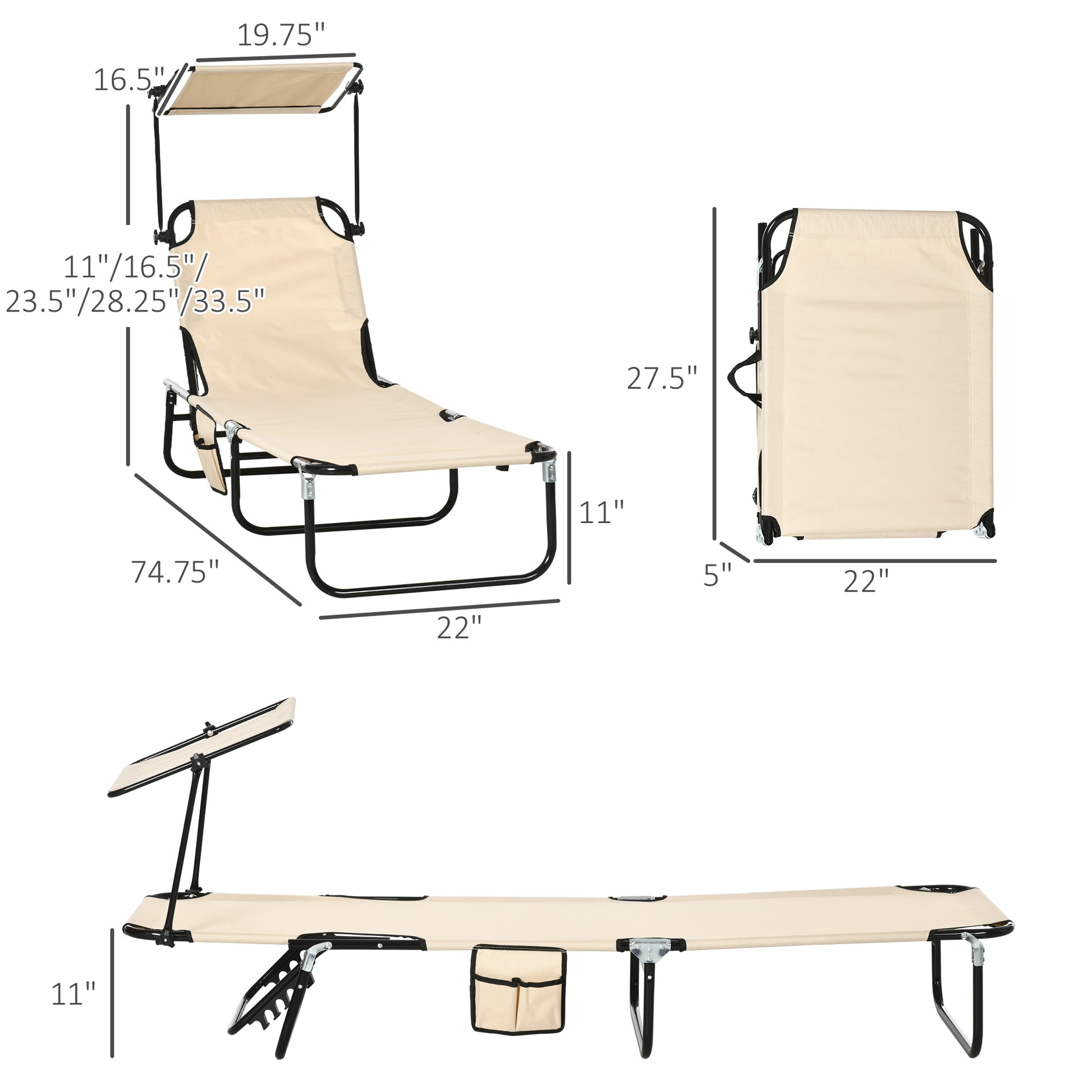 Outsunny Folding Chaise Lounge Pool Chairs, Outdoor Sun Tanning Chairs With Canopy Shade, Reclining Back, Steel Frame And Side Pocket For Beach, Yard, Patio, Tan Brown Steel
