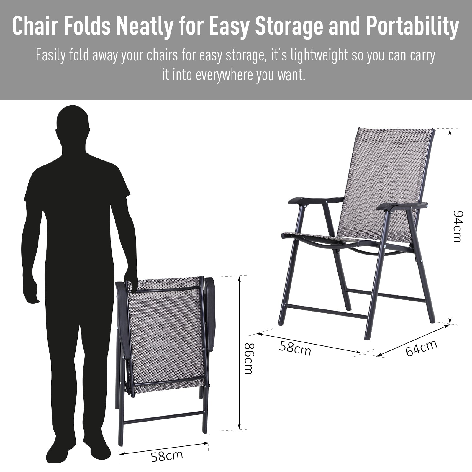 Outsunny Set Of 2 Patio Folding Chairs, Stackable Outdoor Sling Patio Dining Chairs With Armrests For Lawn, Camping, Dining, Beach, Metal Frame, No Assembly, Gray Gray Fabric Metal