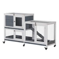 Pawhut Wooden Rabbit Hutch Bunny Hutch Elevated Pet House Cage Small Animal Habitat With No Leak Tray Lockable Door Openable Top For Indoor 57.75" X 18" X 32.5" Grey Grey White Wood