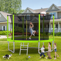 10Ft Trampoline For Kids, Basketball Hoop And Ladder, Outdoor Kids Trampoline With Safety Enclosure,Fast Assembly For Backyard Fun,Astm Approved Green Metal