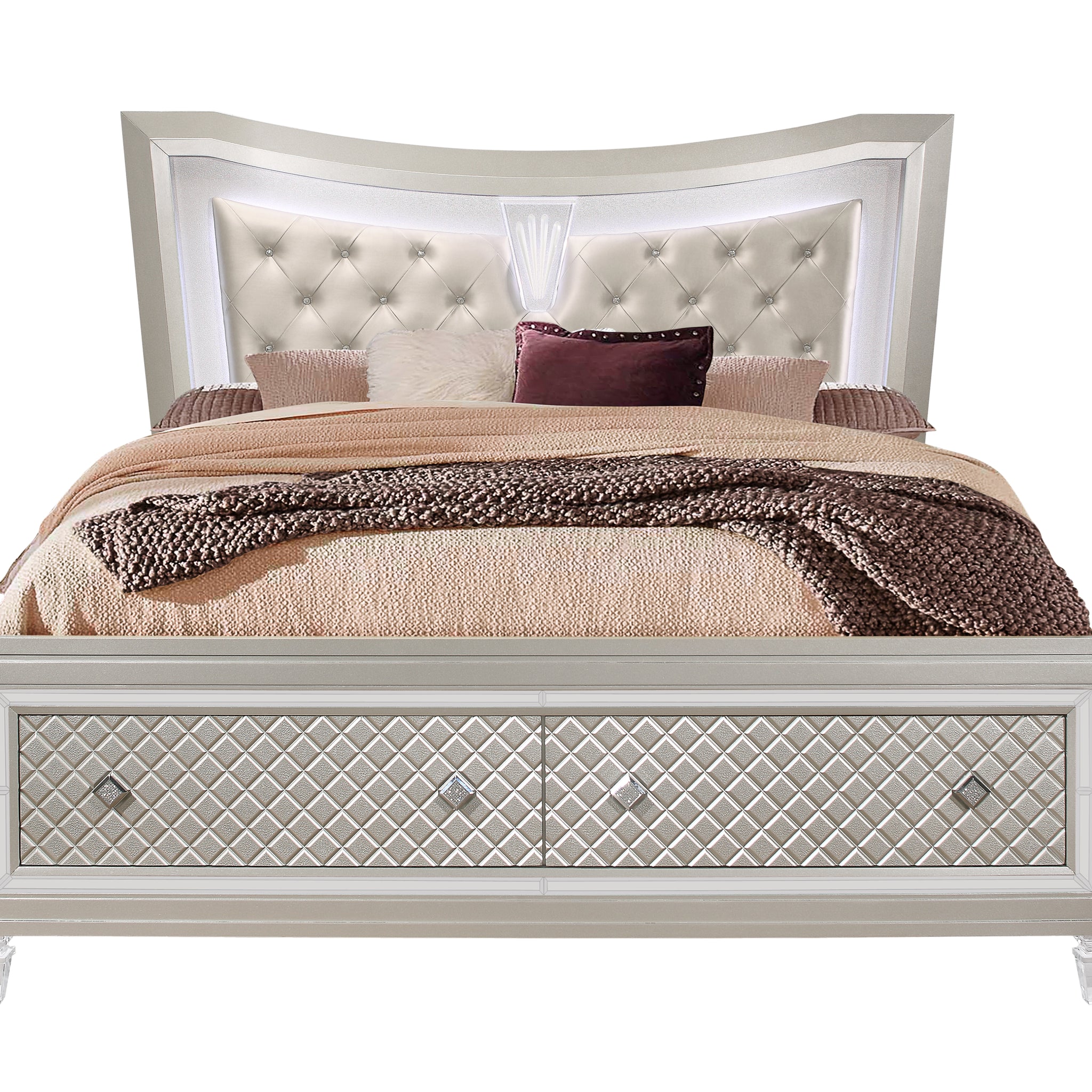 Cross Glam Champagne King Bed With Led Champagne Solid Wood Mdf