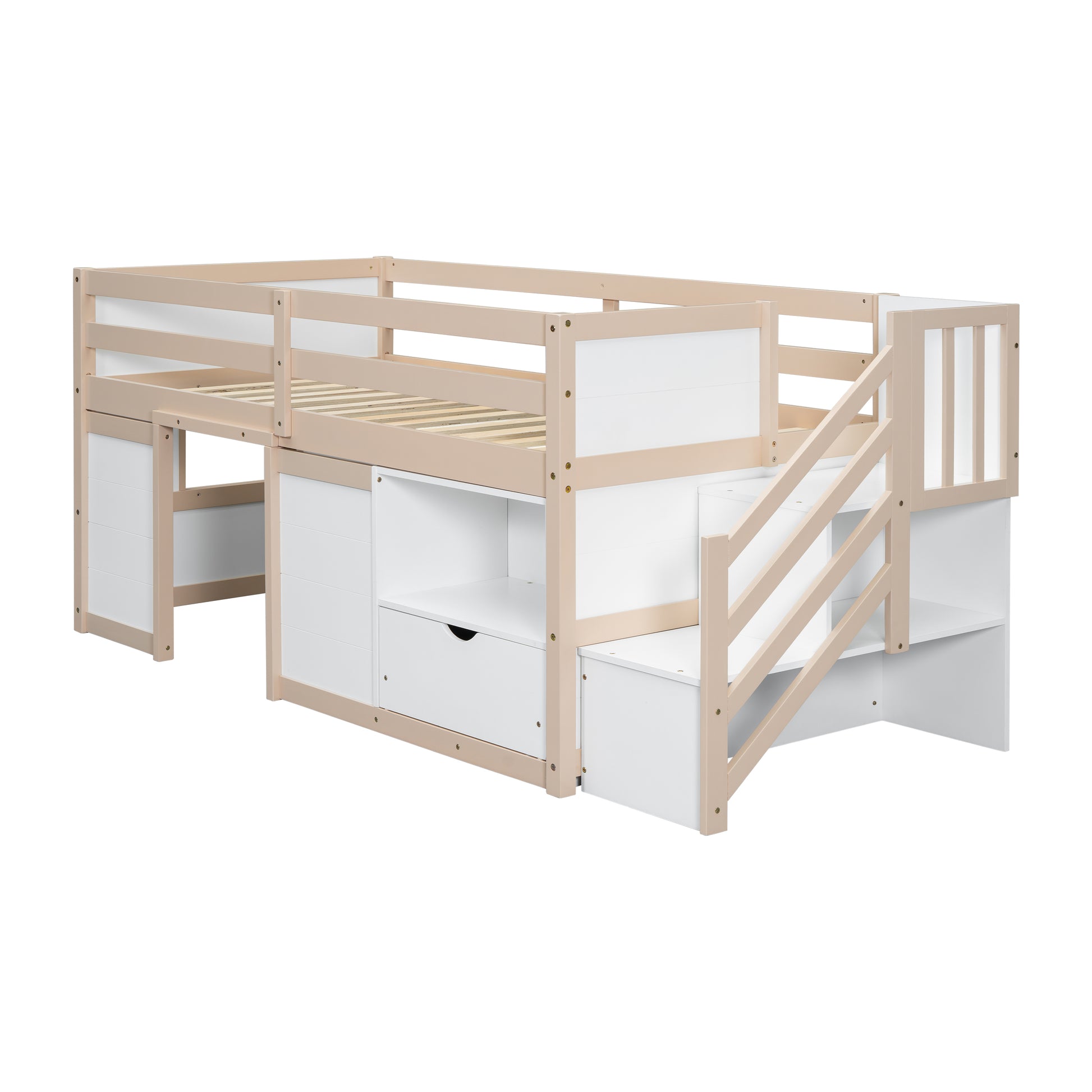 Solid Wood Twin Size Low Loft Bed With Stair, Drawer, And Shelf For Cream White Color Twin Box Spring Not Required Cream,White Wood Bedroom Kids Particle Board,Pine,Plywood