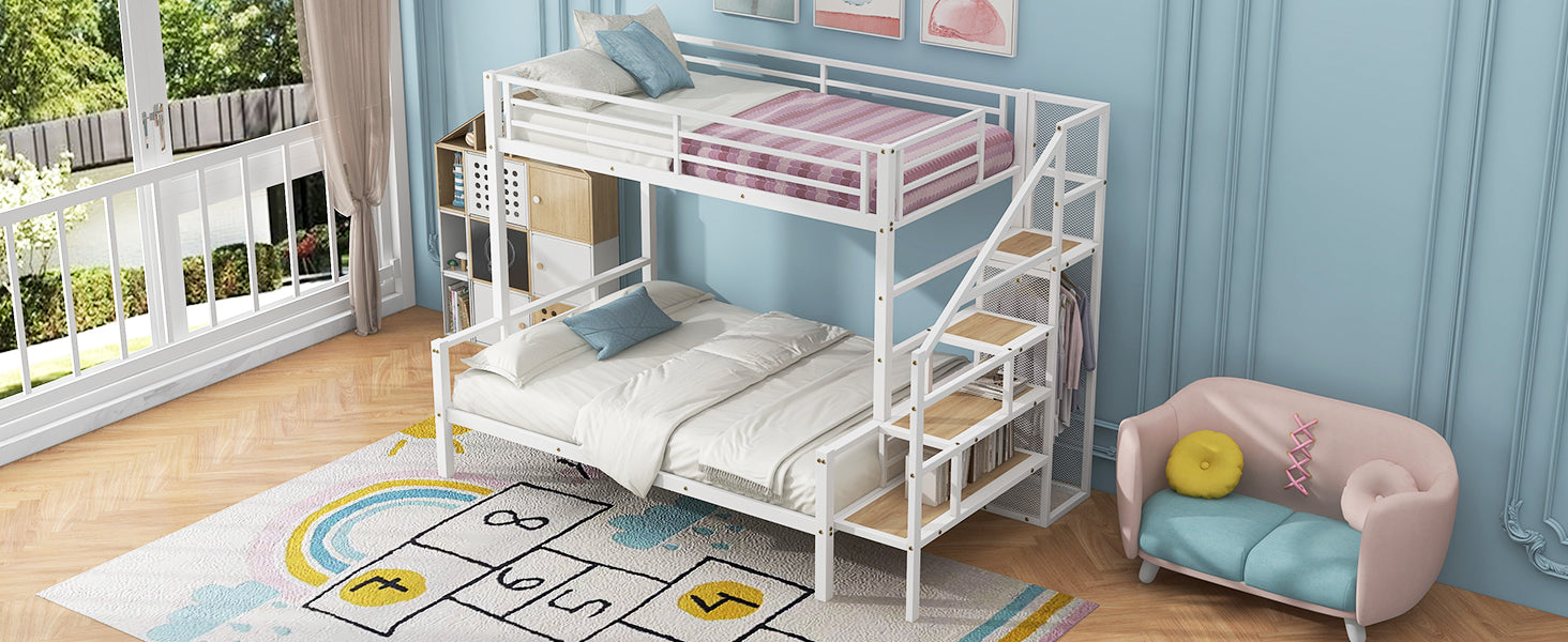 Twin Over Full Size Metal Bunk Bed With Storage Staircase And Open Wardrobe,White Expected Arrival Time:11.15 White Mdf Metal