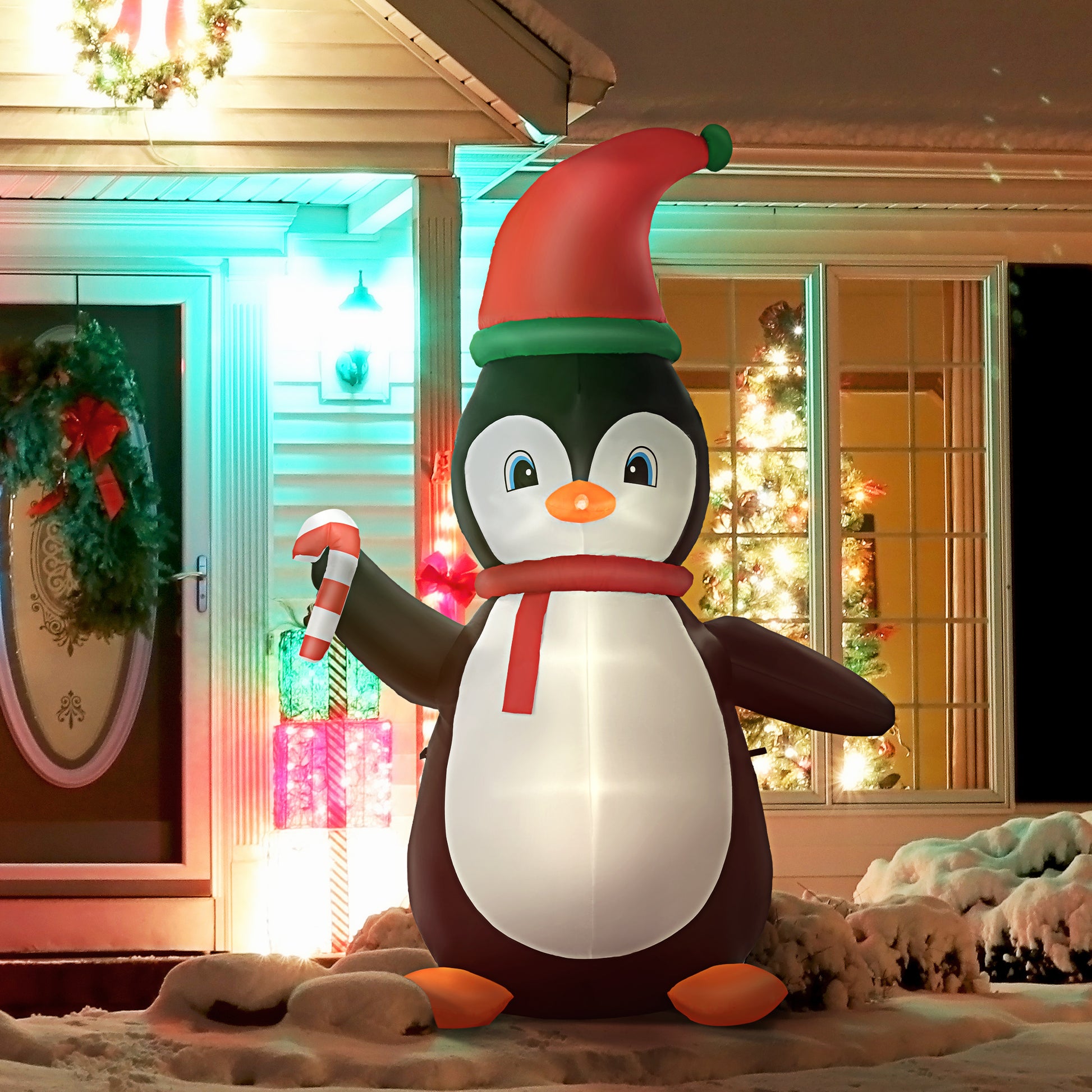 Homcom 8Ft Christmas Inflatables Outdoor Decorations Penguin With Candy Cane, Blow Up Yard Christmas Decor With Led Lights Display Multicolor Polyester