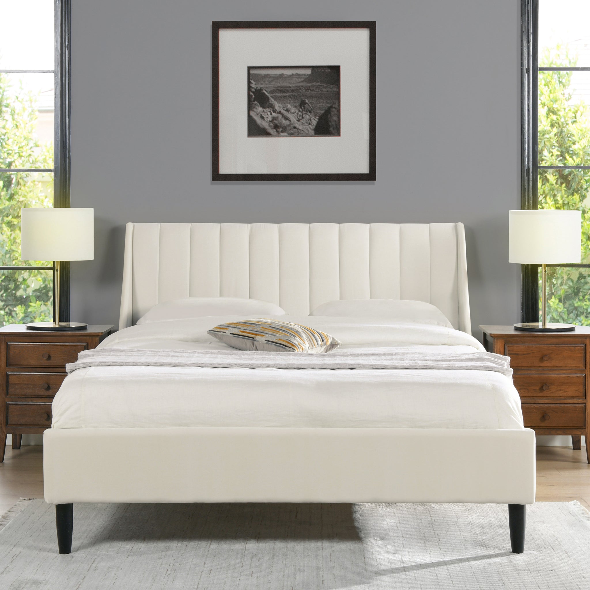 Aspen Vertical Tufted Modern Headboard Platform Bed Set, Queen, Cloud White Performance Velvet Box Spring Not Required Queen White Wood Foam Velvet Velvet