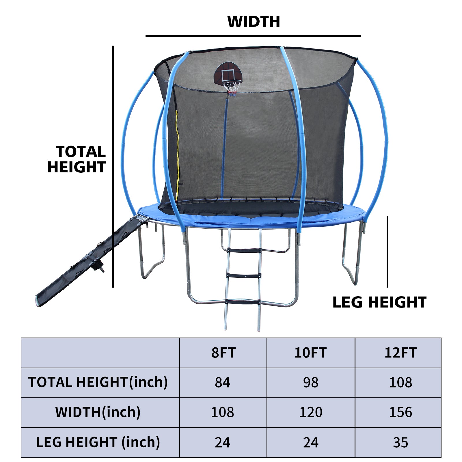 8Ft Trampoline With Enclosure Recreational Trampolines With Ladder And Anti Rust Coating, Pumpkin Shaped Trampoline With Slide And Basket Board, Astm Approval Outdoor Trampoline For Kids Black Blue