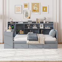 Twin Size Wooden Daybed With 3 Drawers, Usb Ports And Deskgray Twin Gray Wood