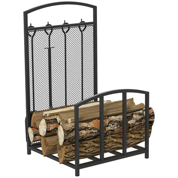 Homcom Firewood Rack With Fireplace Tools, Indoor Outdoor Firewood Holder For Fireplace, Wood Stove, Hearth Or Fire Pit, Wood Storage Log Rack Includes Poker, Tongs, Broom, Shovel, Black Black Iron