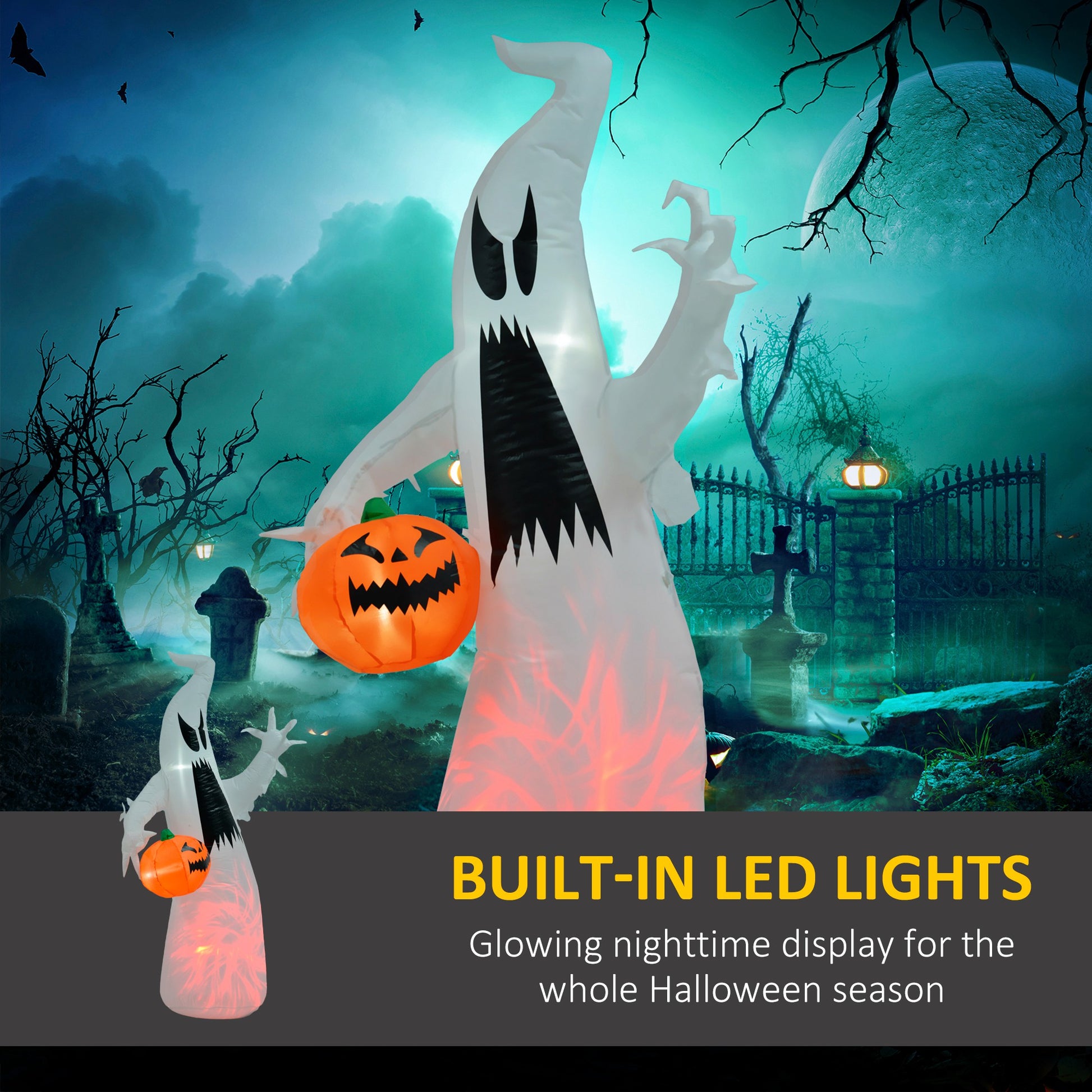 Homcom 5.9' Halloween Inflatable Outdoor Decoration Ghost With Pumpkin, Blow Up Led Yard Decor For Garden, Lawn, Party, Holiday, Waterproof White Polyester