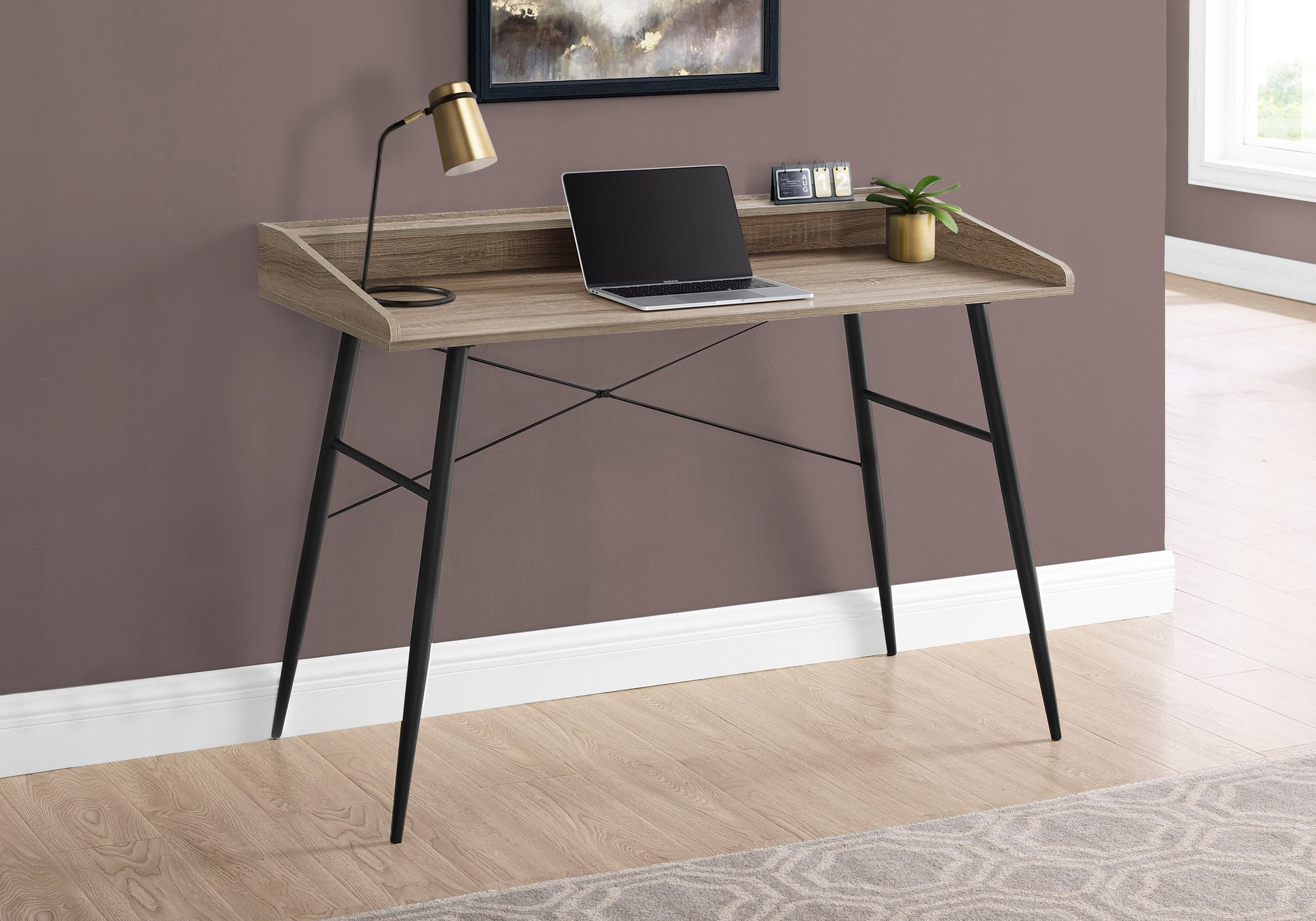 Computer Desk, Home Office, Laptop, Storage Shelves, 48"L, Work, Brown Laminate, Black Metal, Contemporary, Modern Taupe Particle Board