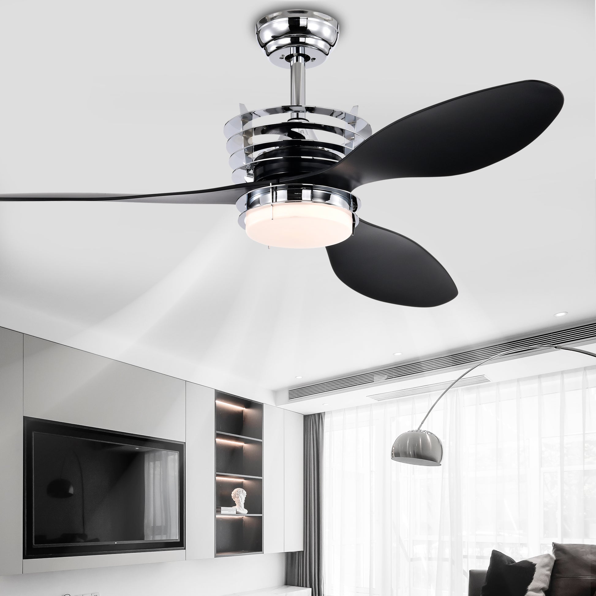 52'' Abs Blades Ceiling Fan With Lights And Dc Remote, Dc Motor Modern Ceiling Fan With 3 Abs Fan Blades & 2 Down Rods, Indoor Ceiling Fan With Light For Bedroom,Living Room Chrome American Design Abs Metal