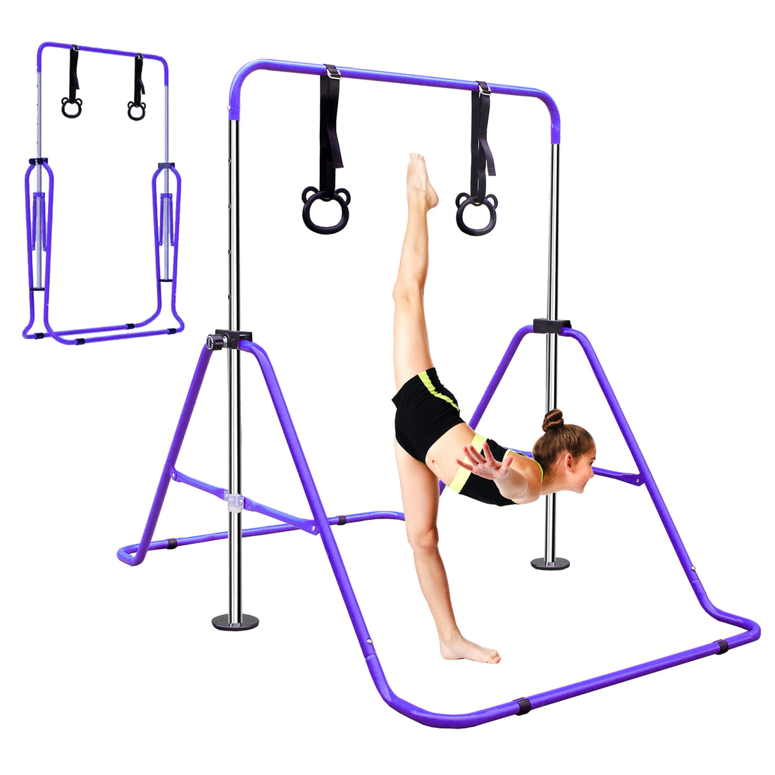 Multi Functional Adjustable Height Children'S Horizontal Gymnastic Bar With Bear Rings Purple Steel