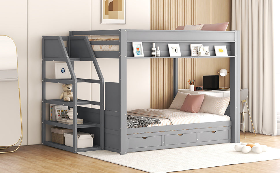 Wood Full Size Convertible Bunk Bed With Storage Staircase, Bedside Table, And 3 Drawers, Gray Gray Solid Wood Mdf