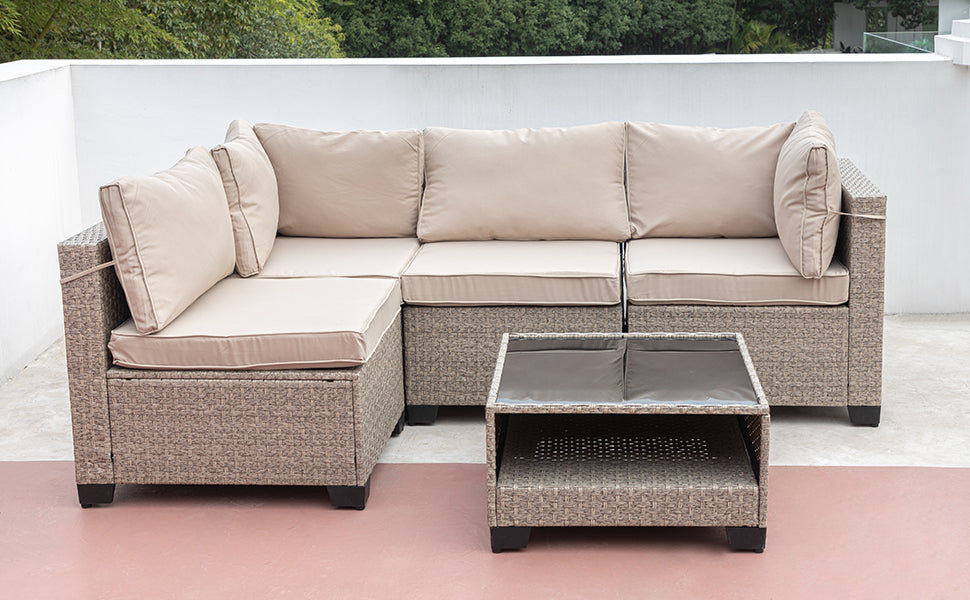 5 Piece Patio Furniture Set, All Weather Boho Outdoor Conversation Set Sectional Sofa With Water Resistant Grey Thick Cushions Beige Pe Rattan Iron Waterproof Fabric