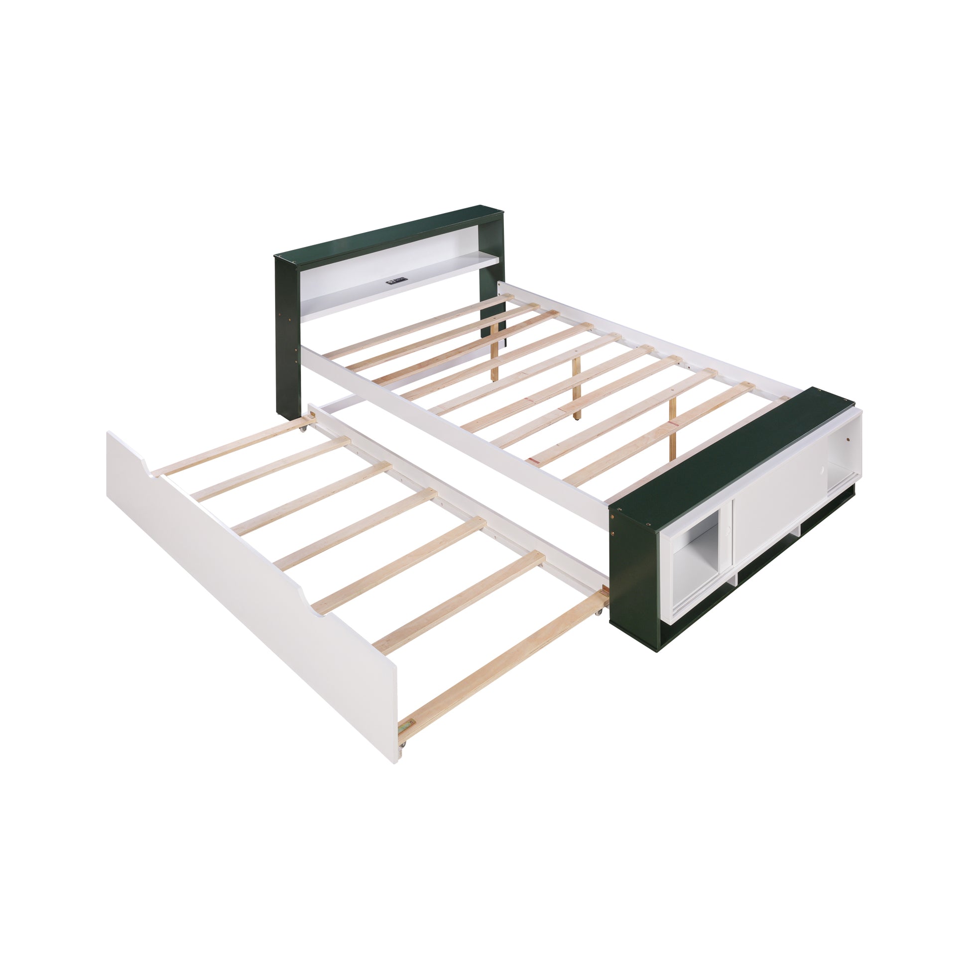 Full Size Platform Bed With Trundle,Storage Headboard And Footboard, Usb Charging Design,White Green Full White Green Solid Wood Mdf