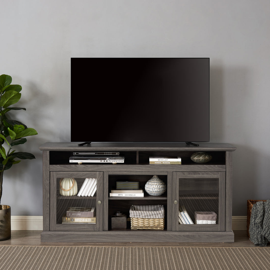 Modern Tv Stand Media Stand Modern Entertainment Console For Tv Up To 65" With Open And Closed Storage Space, Dark Walnut Black, 60"W*15.75"D*29"H Black Dark Walnut 60 69 Inches Mdf