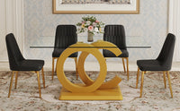 Table And Chair Set.63"W X 35.4"D X 30"H Clear Tempered Glass Desk And Chair Set With 4 Black Pu Chairs With Gold Metal Legs.Bring A Comfortable Home Experience To The Kitchen, Bedroom, And Office.