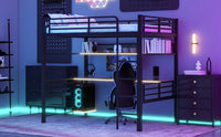 Full Size Metal Loft Bed Frame With Storage Shelf And Led Light,Iron Mesh,Black Expected Arrival Time:10.10 Black Metal