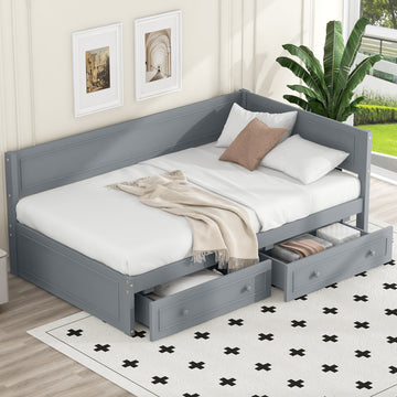 Twin Size Wood Daybed With 2 Drawers And Guardrail, Gray Gray Solid Wood Mdf