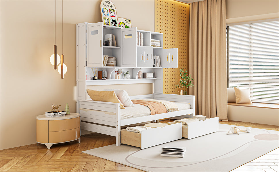 Twin Size Wooden Daybed With 2 Drawers, And All In One Cabinet And Shelf, White Twin White Wood