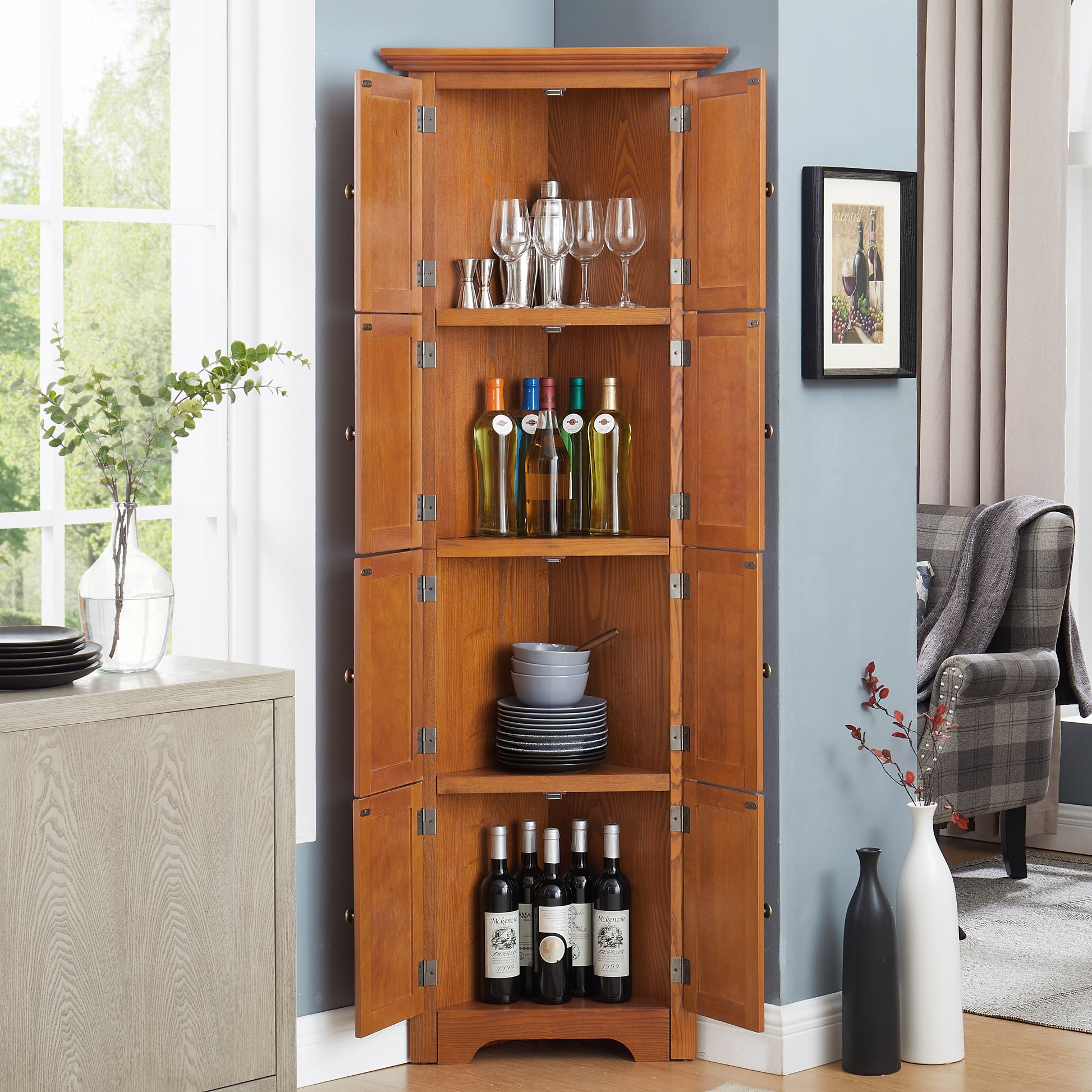 4 Tier 72" Corner Kitchen Pantry Storage Cabinet With 8 Doors Tall Storage Cabinet, Corner Cabinet And Adjustable Shelves, Home Farmhouse Bookshelf Cabinet For Bathroom, Living Room, Kitchen Oak Oak