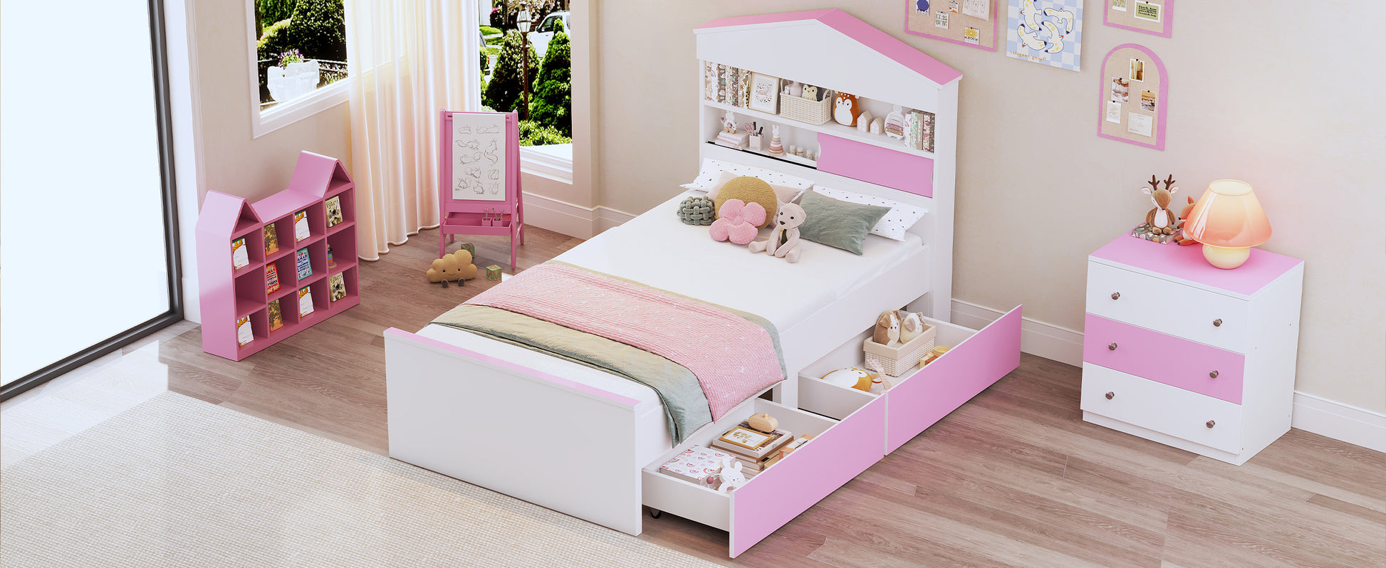 Twin Size House Shaped Wooden Bed With Storage Shelf On The Headboard, Built In Two Storage Drawers, Pink Pink White Wood