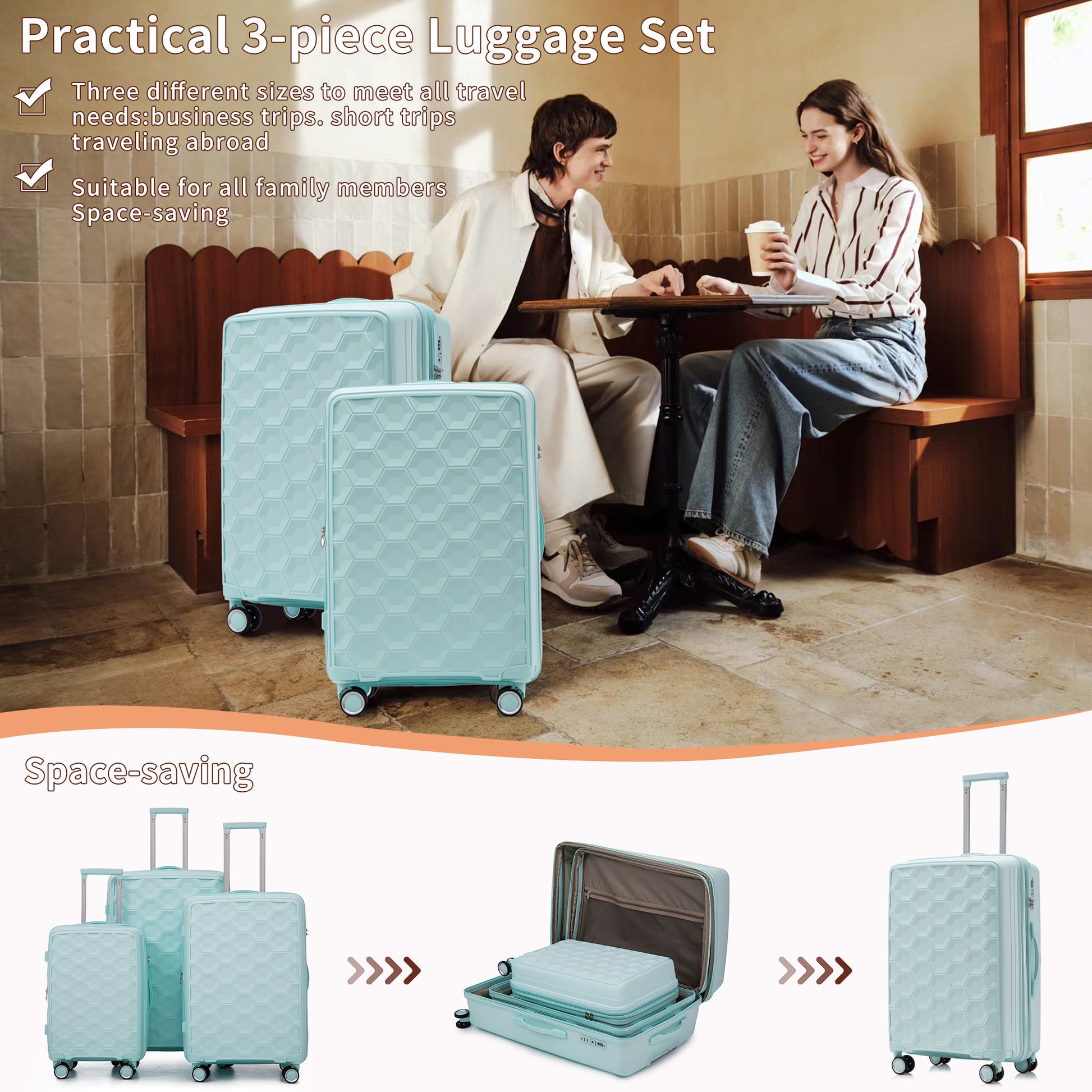 Pp Luggage Sets 3 Piece 20 24 28 , Expandable Carry On Luggage With Tsa Lock Airline Approved, Pp Materials Hard Shell And Lightweight Suitcase With Spinner Wheels Mint Green Mint Green Polypropylene