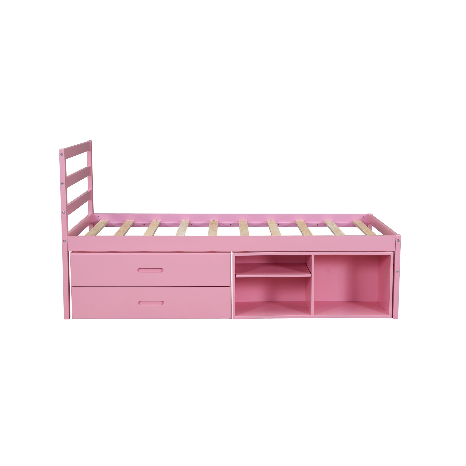 Twin Size Wood Platform Bed With Removable Storage Shelves, Built In Two Storage Drawers For Added Convenience, Pink Twin Pink Wood