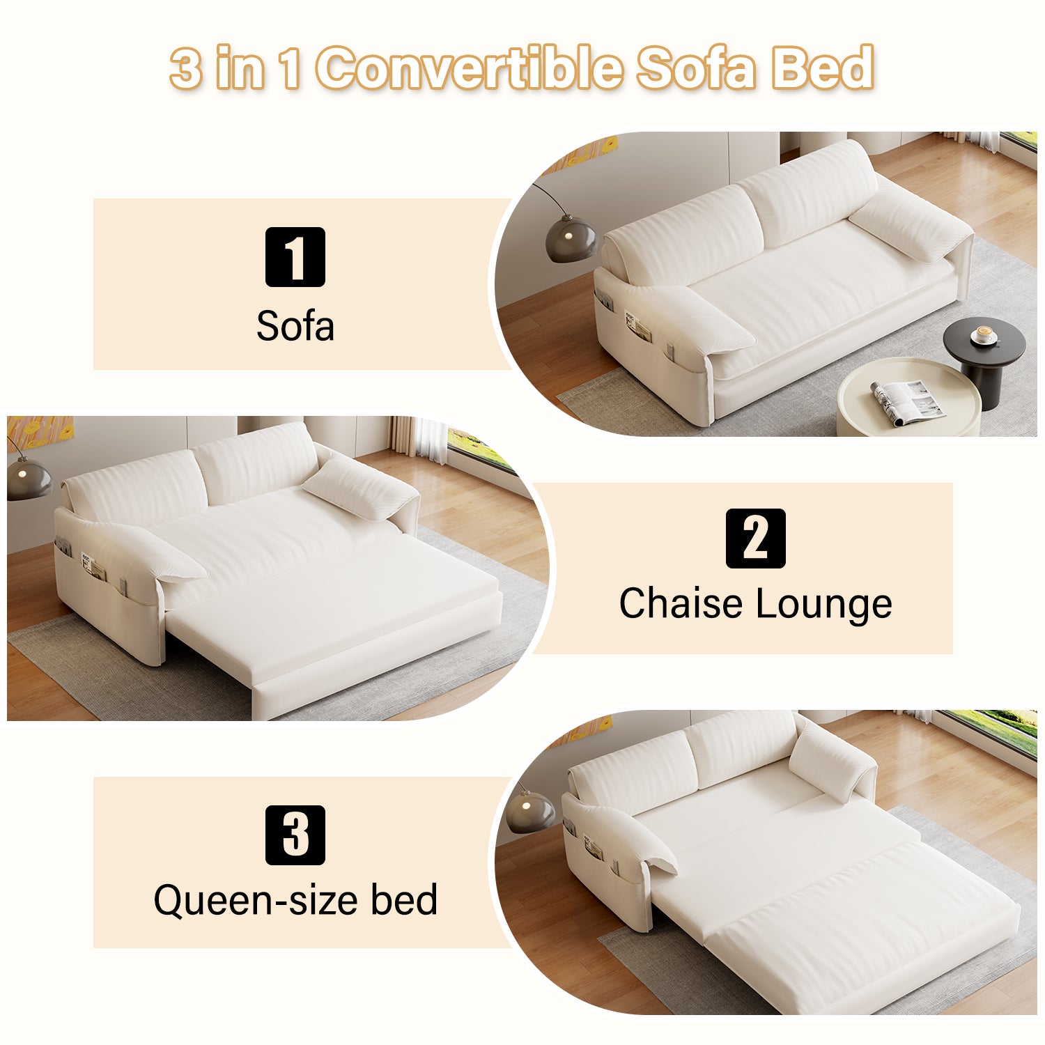 63.8" Queen Pull Out Sofa Bed, 3 In 1 Convertible Sleeper Sofa With Side Storage,Multi Functional Velvet Loveseat Bed For Living Room,Bedroom,Apartment,Office,Beige Old Sku:W1885122051 W1885P154637