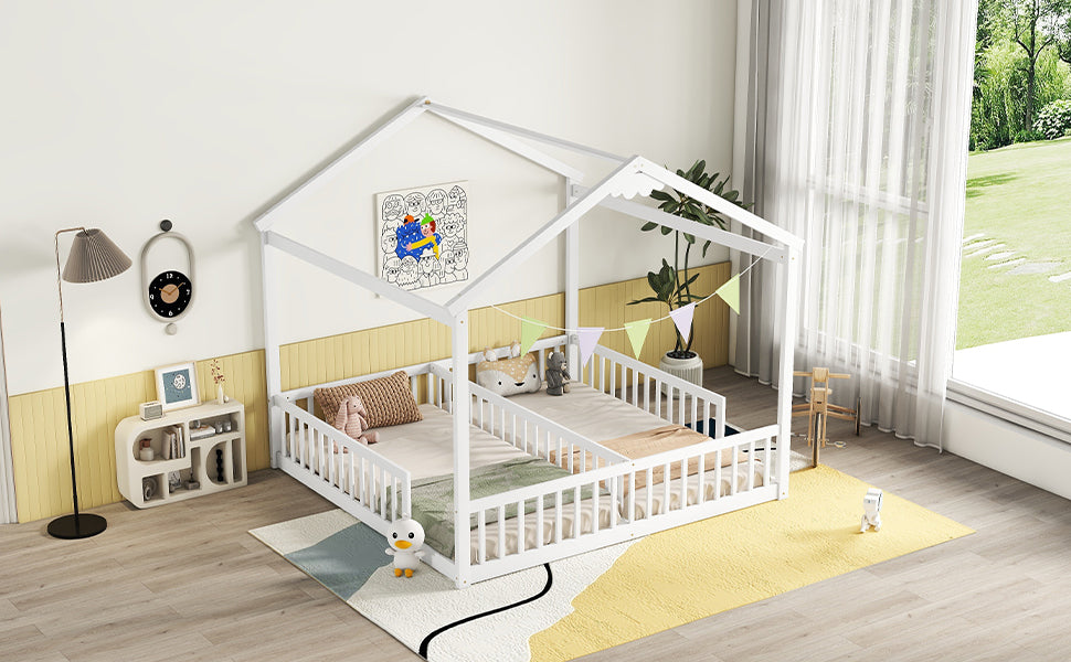 Double Twin House Style Floor Bed With Fence, Guardrails, Without Door, White Twin White American Design Pine