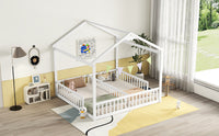 Double Twin House Style Floor Bed With Fence, Guardrails, Without Door, White Twin White American Design Pine