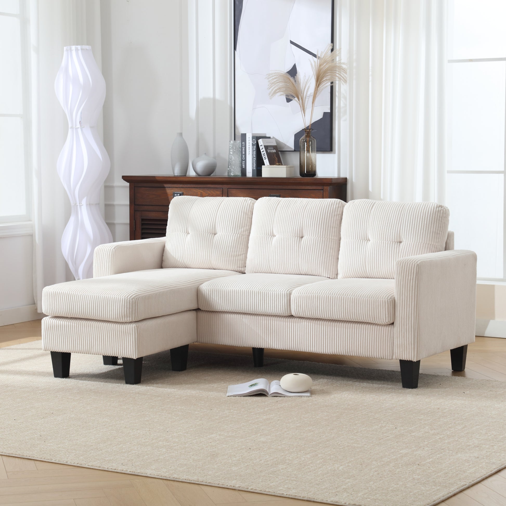 Velvet Sectional Couch Withl Shaped Sofa With Ottoman For Small Apartment Beige Velvet 3 Seat