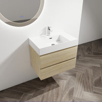 30" Wall Mounted Bathroom Vanity With Resin Sink, 2 Soft Close Drawers, Kd Package 2 Light Oak Bathroom Wall Mounted Modern Plywood