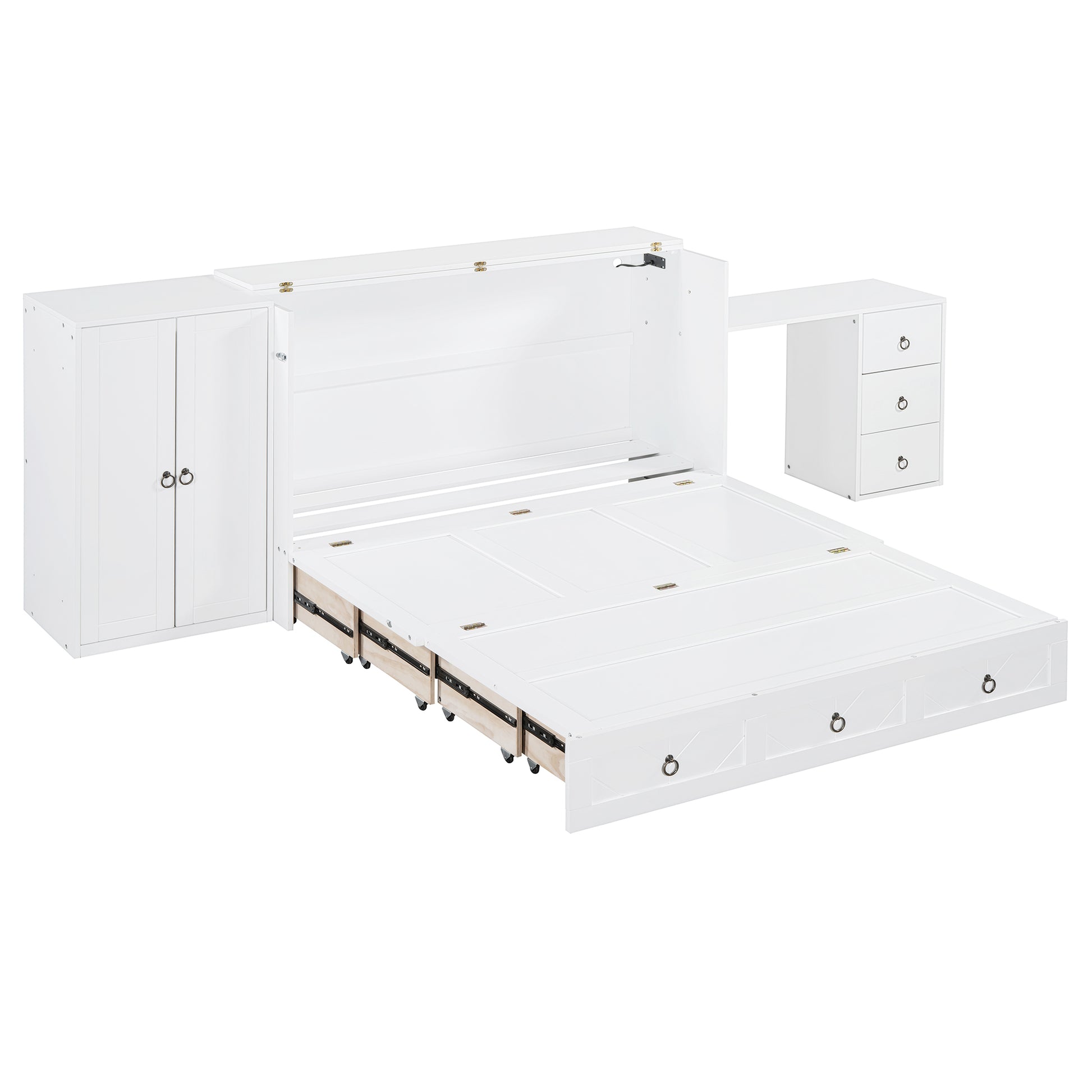 Queen Size Murphy Bed With Usb Port, Large Drawer, And Wardrobe Desk Combo Versatile White Cabinet Bed Queen White Solid Wood Mdf