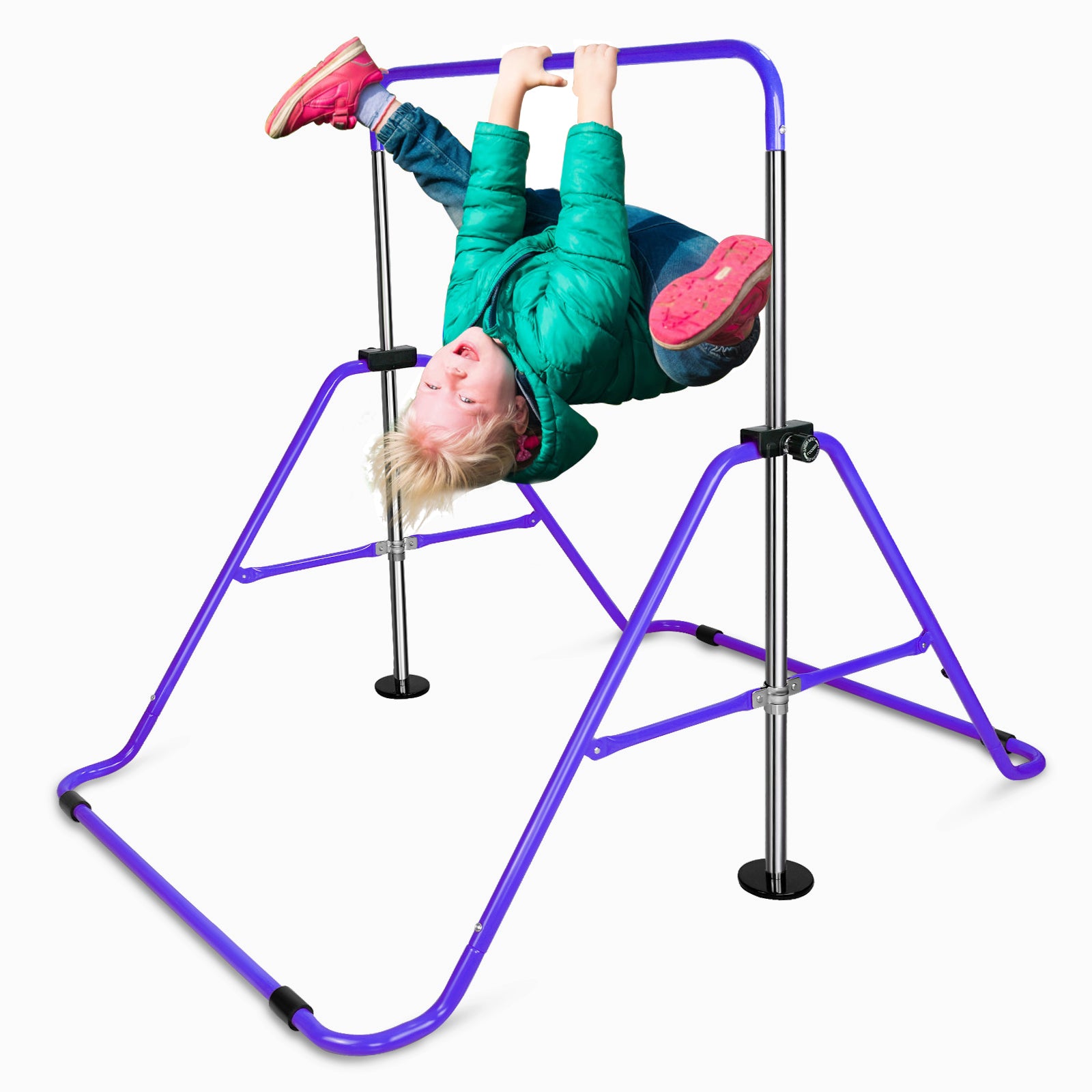 Multi Functional Adjustable Height Children'S Horizontal Gymnastic Bar With Bear Rings Purple Steel