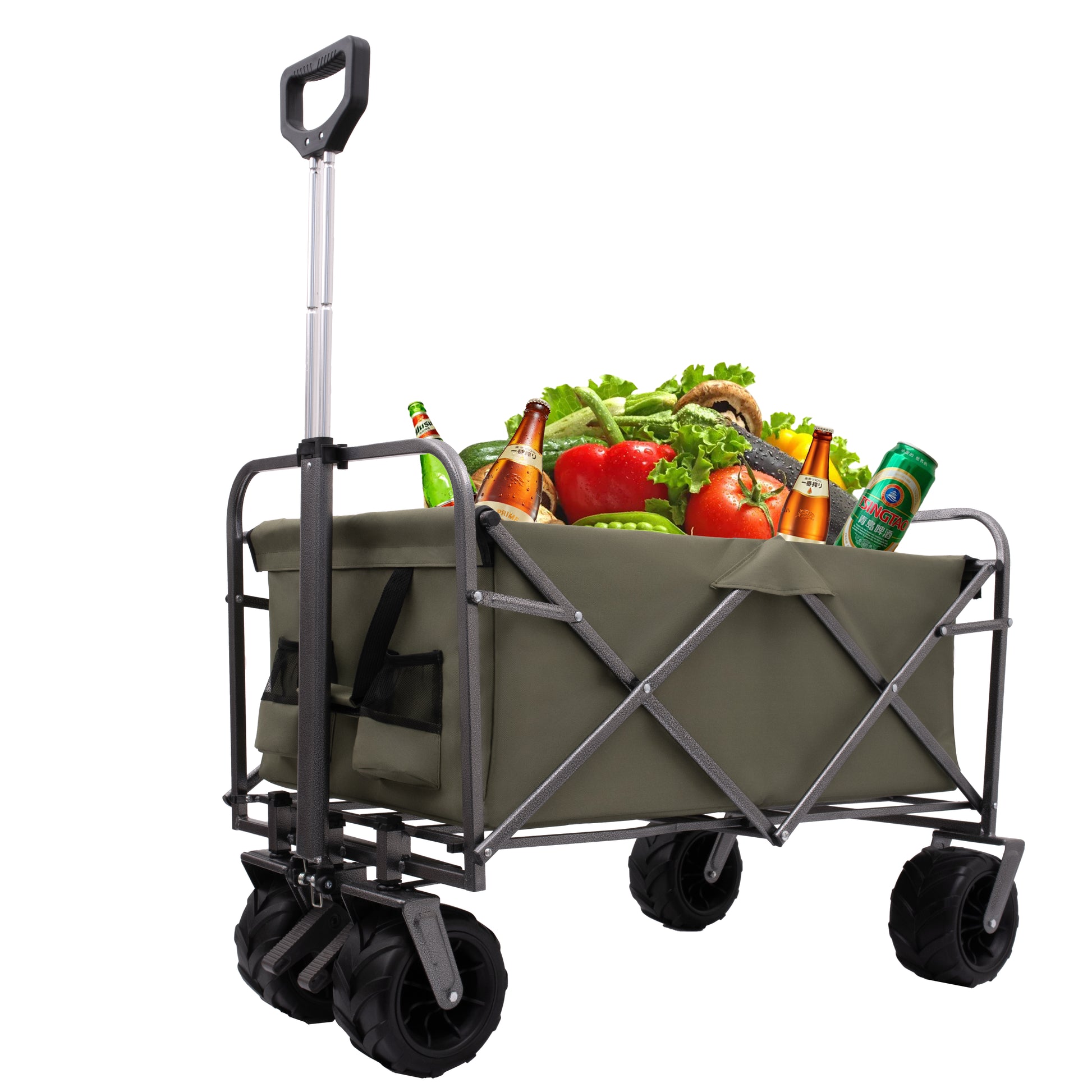 Outdoor Garden Park Utility Kids Wagon Portable Beach Trolley Cart Camping Foldable With Big Wheels Folding Wagon Army Green Garden & Outdoor Fabric Steel