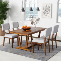 Rustic 5 Piece Dining Table Set With 4 Upholstered Chairs, 59 Inch Rectangular Dining Table With Trestle Table Base, Walnut Wood Dining Room Solid Wood Rubberwood Rectangular Dining Table With Chair