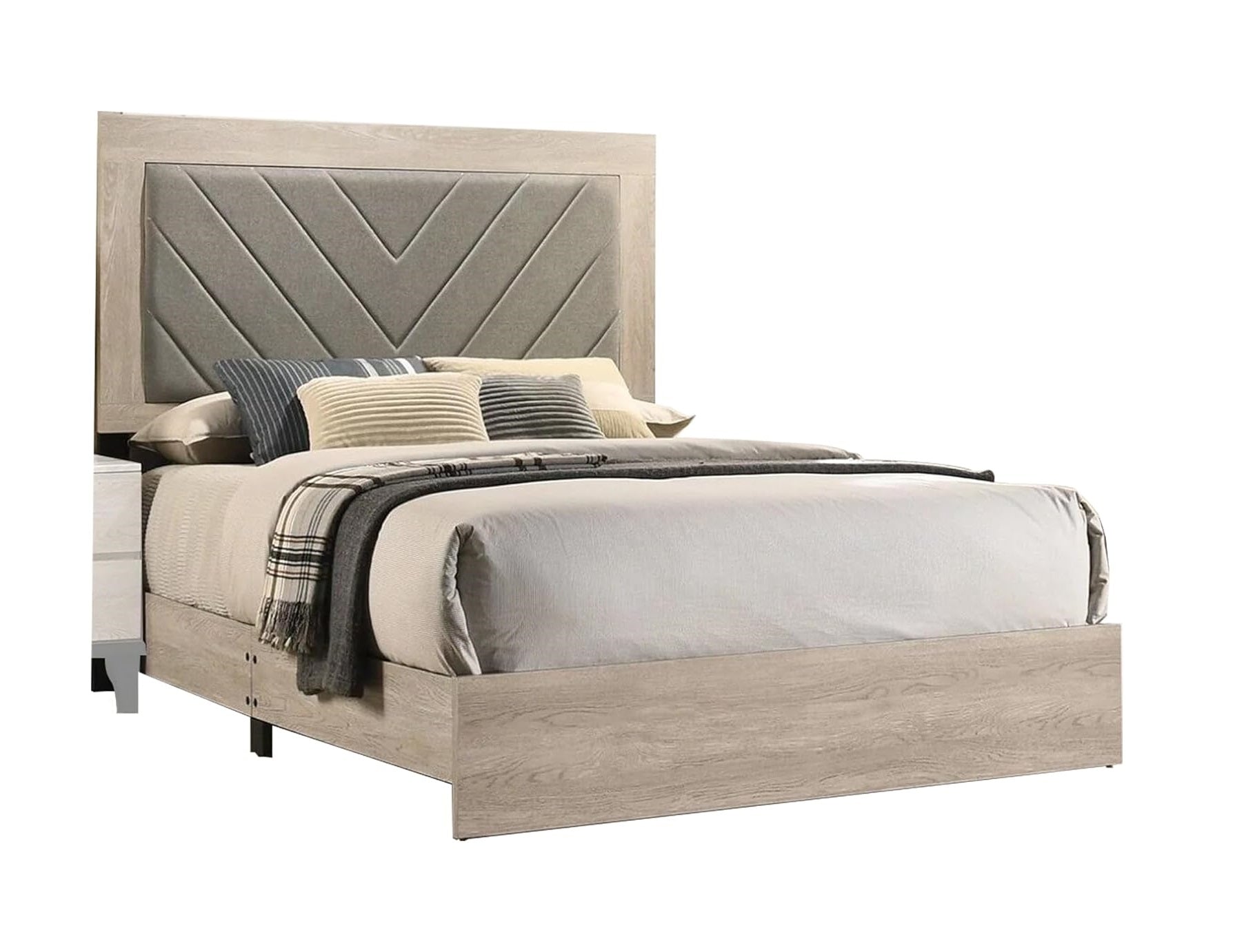 Contemporary 1Pc Cream Finish Eastern King Size Bed Bedroom Furniture Gray V Design Headboard Rubberwood 1Pc Bedframe Box Spring Required King Cream Grey Wood Bedroom