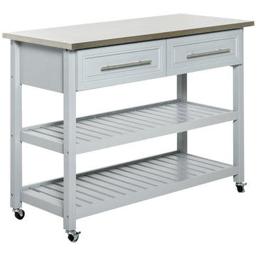 Homcom Kitchen Island With Stainless Steel Top, Traditional Kitchen Island With Storage, 2 Tier Open Shelves, Drawers, Light Gray Grey Wood